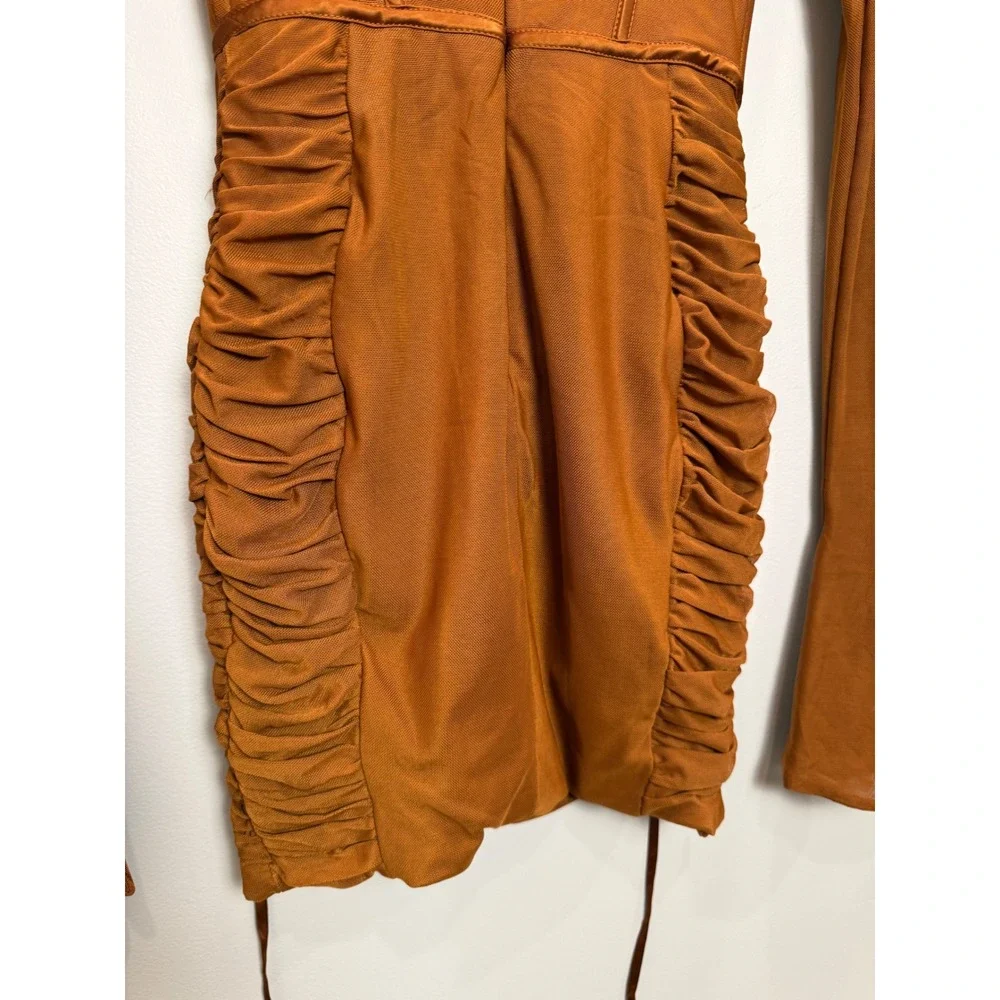Oh Polly Corset Long Sleeve Mesh Mini Dress Baddie Hot Rouched Sheer Brown 2 - Picture 8 of 13